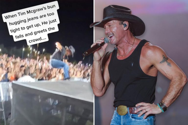 Tim McGraw takes a tumble off stage in skintight jeans